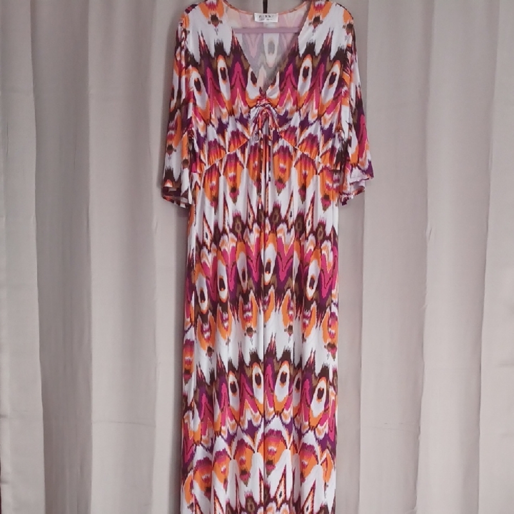 Nikki Poulos Abstract Maxi Dress Bell Sleeves Ruched Bust Empire Waist V Neck